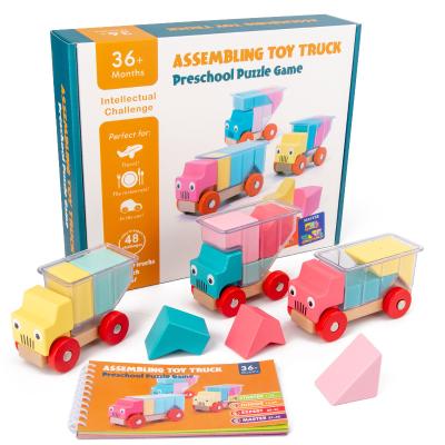 China Cartoon Toy Amazon New Design Educational Truck Loading Toys Kids Logical Thinking Wooden Assembly Blocks Truck for sale