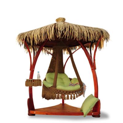 China Modern Indoor And Outdoor Yard Thatched Roof Hanging Chair Swing Wooden Hammock Swing for sale