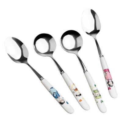 China Viable Adult Ceramic Spoon Household Stainless Steel Cartoon Spoon Handle Ceramic Spoon for sale