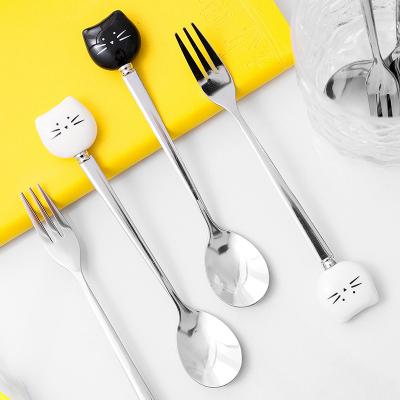 China Fruit Cartoon Cat Ceramic Unique Flatware Kitchen Tool Black White Stainless Steel Spoons Forks for sale