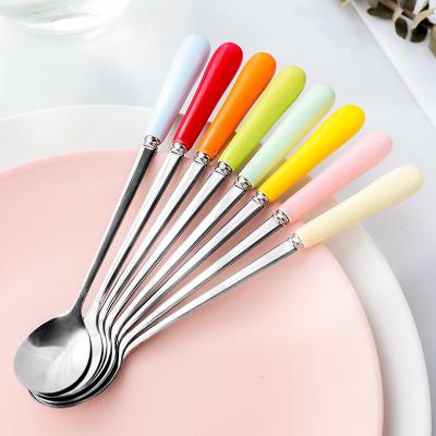 China Sustainable Single Stainless Steel Ceramic Ice Cream Coffee Stirring Candy Color Spoon for sale