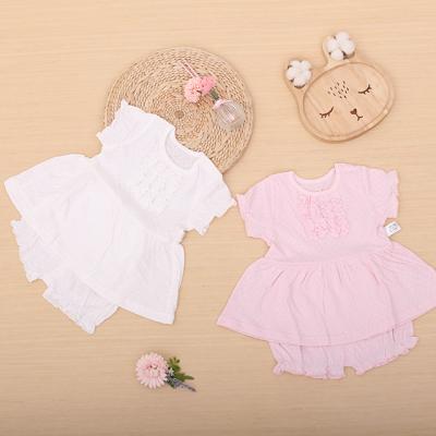 China Anti-static 100% Cotton Summer Lace Sleeve Rose White Flowers Newborn Infants Sundress Set With Pants Baby Dress Infant for sale