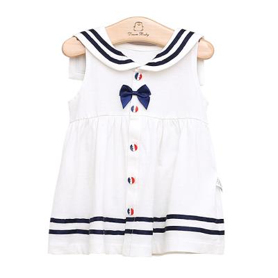 China Navy Anti-Static Fancy Style 100% Cotton Spring Sleeveless Baby Dresses With Bowknot for sale