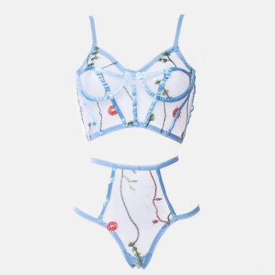 China 2022 Newcomer simple flower alluring embroidery with ring women sexy lingerie bra women's underwear steel sexy transparent suit woman for sale