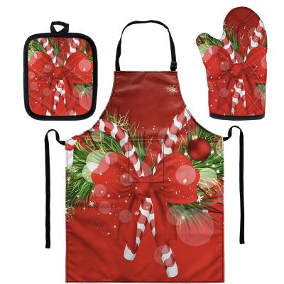 China Merry Christmas Design Eco-Friendly Kitchen Sets Red Color Microwave Oven Gloves Mat Apron Printing Custom Made For Kitchen Room for sale