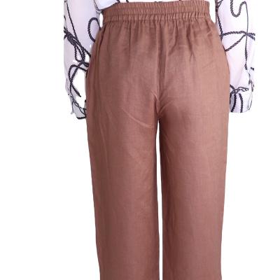 China 2021 Anti-wrinkle ladies casual style high waisted loose elastic 100%linen pocketpants for sale