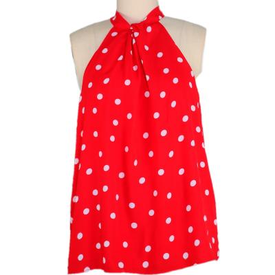 China Women S sexy sleeveless anti-pilling summer wear 100%polyester OEM printing woven tops with bow neck in front and buttons at back neck for sale