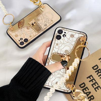 China Small shockproof fox is suitable for iPhone12 mobile phone shell new pearl rhinestone apple 11promax hanging chain cover device for sale