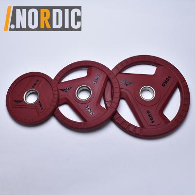 China Universal Polyurethane Hand Grip Bumper Plates 2 Inch Bumper Olimpic Weight Plate With Steel Insert Bumper Weights Set Free Weight Plates for sale