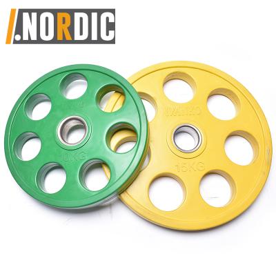 China Universal Color Hand Grip Grip Rubber Bumper Plates 2 Inch Bumper Olimpic Weight Plate With Steel Insert Weight Stopper Set for sale