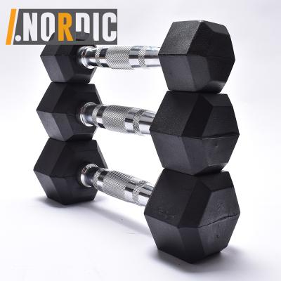 China Hex Rubber Covered Dumbbell Barbell Weights Rubber Covered Pair, Solid Steel Material Free Weights, Chromed Knurling Hand Non Slip for sale