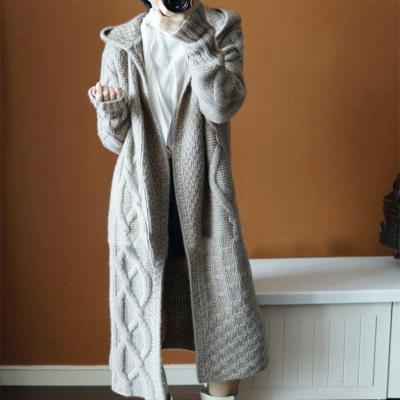 China European Station Women's Breathable Clothing Hooded Knit Cardigan Autumn And Winter New 2021 Over - The Knee Ladies Knit Sweater Coat for sale