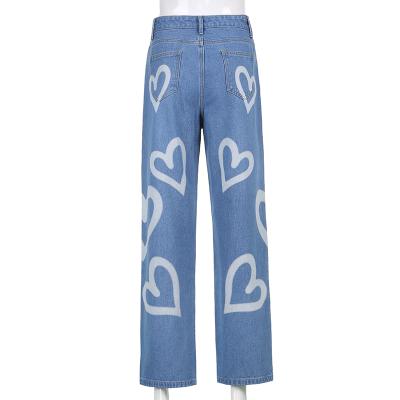 China 2021 High-rise Straight-leg jeans women heart print women's jeans QUICK-DRY jeans women for sale