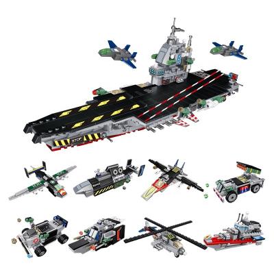 China DIY Building Brick HUAHUI 8in1 Combination ABS Plastic Military Aircraft Carrier Toy Building Block Set Ship Army Toys For Children for sale