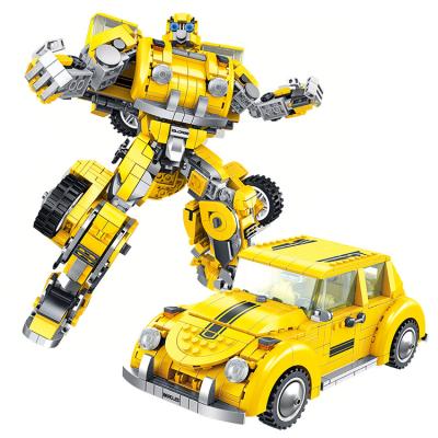 China Brick HUAHUI 621019 DIY Big Deformation Car Robot Model Yellow Kids Fighting Building Blocks Toy Stickers Gift Small Bricks for sale