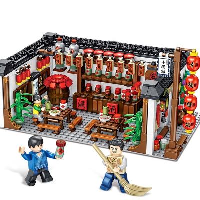 China DIY Building Brick HUAHUI 1005pcs Chinese Traditional Architecture Restaurant Building Blocks Plastic Bricks Toys Set For Children for sale