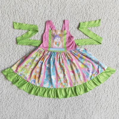 China Viable Wholesale RTS Green Belt Rabbit Patchwork Dress No MOQ Easter Girls Clothes Girls Dress Sets for sale