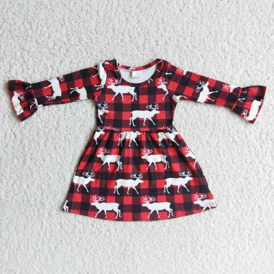 China RTS Viable Wholesale Red Plaid Elk Ruffles Sleeves Tunic Toddler Girl Clothes Girls Dresses for sale