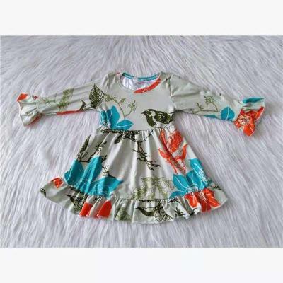 China Print Breathable Ruffle Flower Bird Autumn Long Sleeves Dress Wholesale Boutique Girl Baby Dresses Princess Dresses for sale