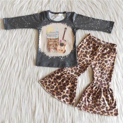 China Sweet O-Neck Guitar Picture Leopard Flared Pants Suit Kids Clothing Sets Girl Sets Kids Wear 2021 for sale