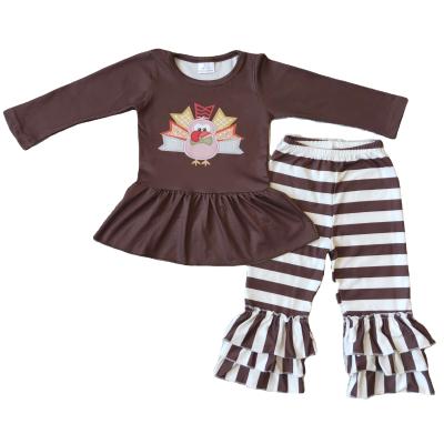 China Thanksgiving Baby Toddler Casual Clothing Turkey Brown Stripe Ruffles Pants Kids Boutique Clothing Set for sale