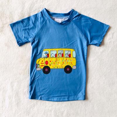 China Viable Back To Schoolboy's Blue T-shirt Yellow Bus Print No MOQ RTS Kids Clothing Baby Boy Clothes for sale