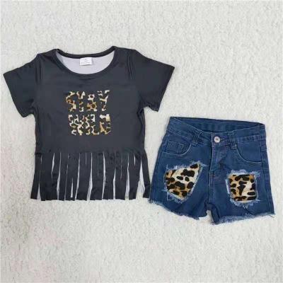 China 1moq RTS Casual Boutique Outfits Tassel Tops Distressed Denim Shorts Jeans Toddler Girl Clothes for sale