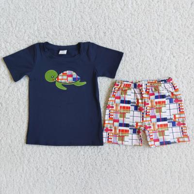 China Wholesale RTQ Boys Casual Outfits Dark Blue With Turtle Print Boys Dress Sets And Plaid Shorts for sale