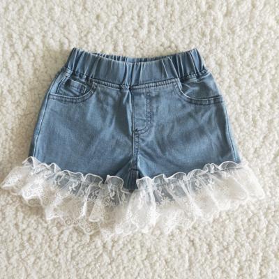 China New fashion summer girls casual kids boutique casual jeans no MOQ wholesale lace decoration kids denim shorts pants for sale