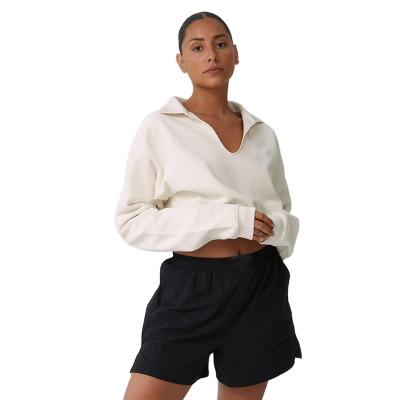 China Anti-Wrinkle Women Relaxed Sweatshirt 100% Cotton Fleece Low Neck Crop Shorts for sale