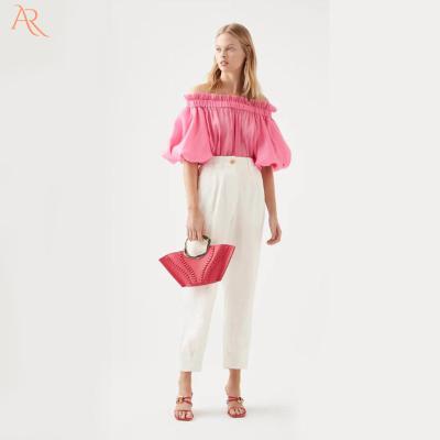 China Elegant Anti Shrink Off Shoulder Ruffles Frill Sleeve Half Sleeve Full Flare Casual Loose Blouse for sale