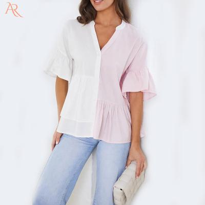 China New Arrival Anti Shrink V Neckline Women Fashion Tops Multi Colors Block Ruffle Sleeve Blouse for sale