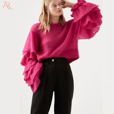 China Casual Cashmere Women's Sleeve Anti-Wrinkle Winter Frill Sweater Frill Knit Pullover for sale