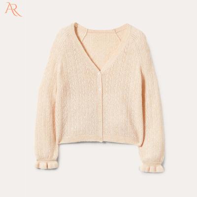 China Anti-Wrinkle Women Long Sleeve V Neck Wool Blend Spring Cardigan Fluffy Pointelle Cardigan for sale