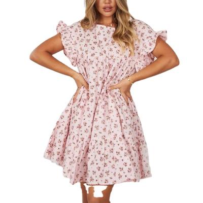 China Breathable Soft Pink Lotus Sleeve Print Ruffled Mini Dress for sale