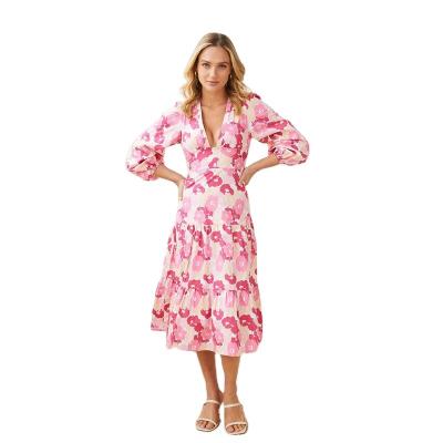 China New Arrival Floral Printing 3/4 Sleeve Anti-Static Deep V Neck Tiered Knee Length Dress For Women for sale