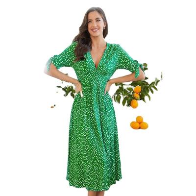 China Anti-Static Rayon V Neckline Short Sleeve With Bow Green Print Midi Dress For Women for sale