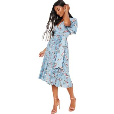 China Anti-Static Women V-Neck Short Sleeve Floral Pleated Midi Dress for sale