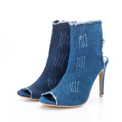 China Breathable fabric lattice lattice ladies manufacturing supply high heels sandals sexy denim ankle boots for sale