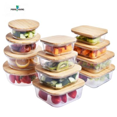 China High Quality Microwavable Borosilicate Glass Lunch Box Kitchen Food Storage Container With Bamboo Lid for sale