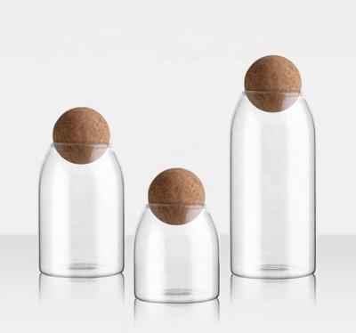 China 500 800 1000ml Cork Ball Lid Jar Stopper Borosilicate Glass Folding Storage Jar for sale