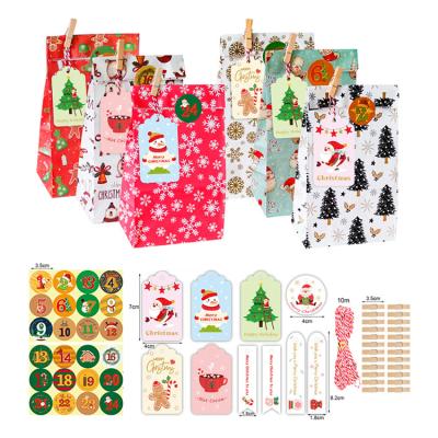 China 24pcs/set Recyclable Christmas Gift Bags Small Kraft Paper Food Bags with Wooden Clip, Christmas Stickers, Gift Tags for Party Home Decor for sale