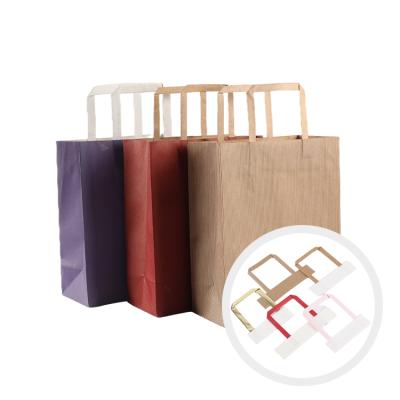 China Recyclable Custom Recycle To Take Away Food Packaging Brown Kraft Paper Hand Printed Portable Shopping Tote Bags for sale