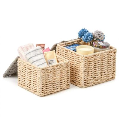 China Stackable Lidded Paper Rope Storage Baskets Sustainable High Quality Woven Braided Organizer Bins For Small Household Items Woven Basket for sale