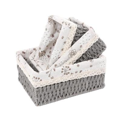 China Sustainable Decorative Paper Rope Woven Storage Baskets With Lining Bins Rectangular Container Woven Basket For Makeup Bedroom Shelves for sale