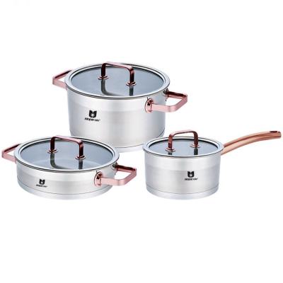 China Sustainable straight shape mounted gold color handle stainless steel cookware cooking pots and pans set for sale