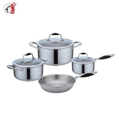 China 7 Pcs Trifold Stainless Steel Cookware Sustainable Silicone Heat Resistant Handle Cooking Pot Set for sale