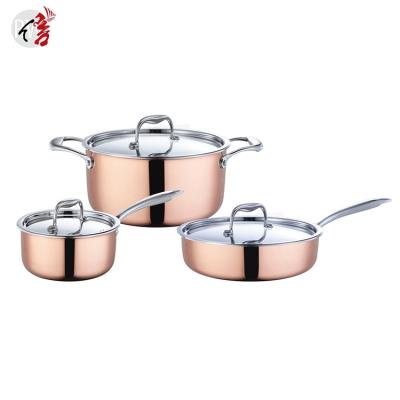 China Sustainable Factory Quality Italy Copper Cookware Triple Set 6 Pcs Kitchenware Pots And Pans for sale