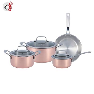 China Realwin viable factory price 7 pieces tri - ply copper stainless steel metal metal type cookware set for sale