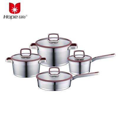 China Sustainable Straight Shape Silicone Lid 8pcs Stainless Steel Cookware Cooking Stock Pot Set for sale